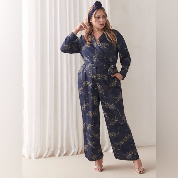 Navy plus size floral leopard print jumpsuit AdditionElle Size 28 - Picture 1 of 5